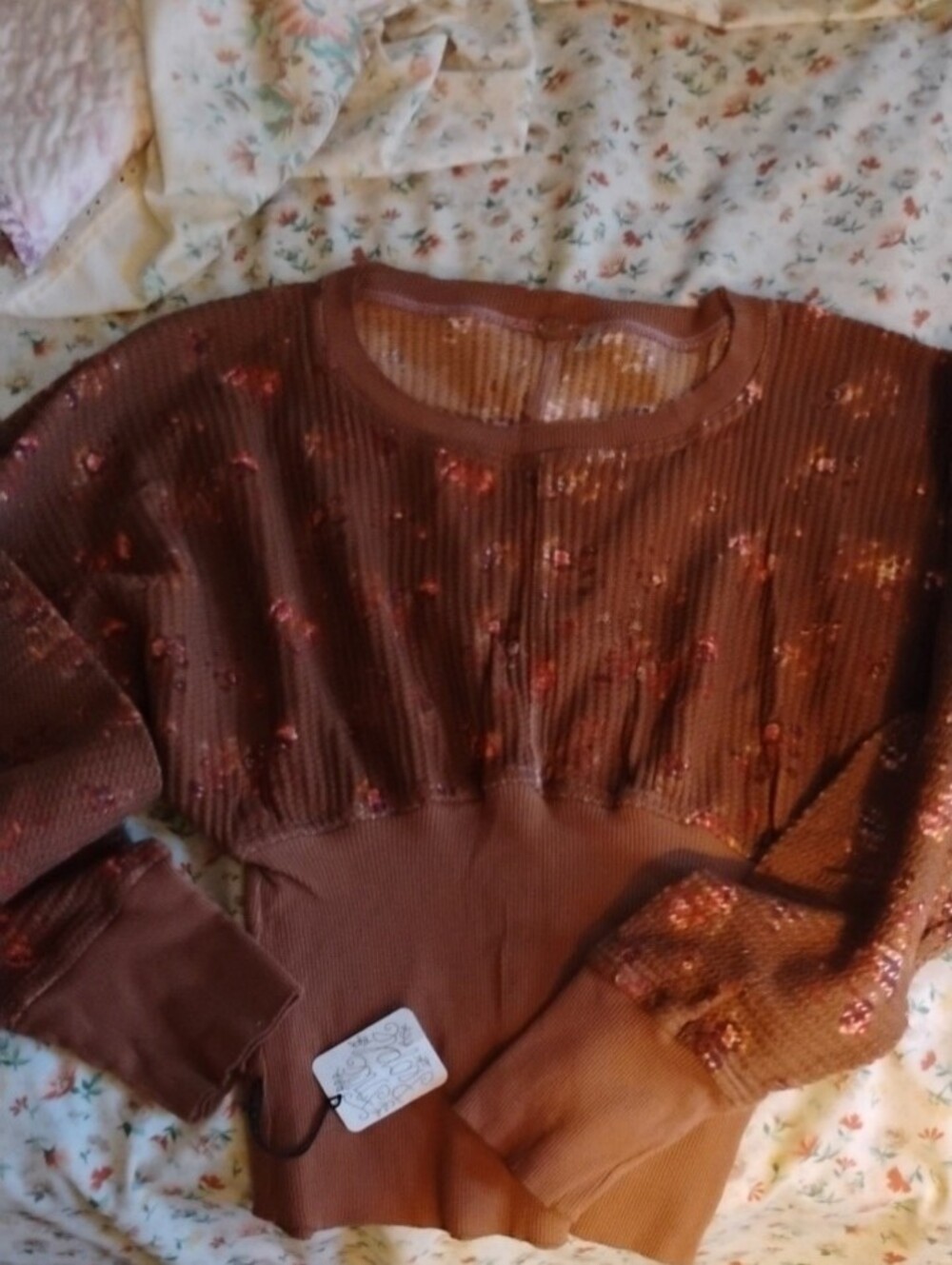 Free People Burnt Orange Floral Scoop-Neck Cropped Sweater - Picture 4 of 7